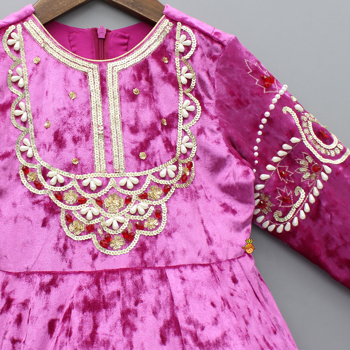 Pink Velvet Embroidered And Embellished Anarkali With Dupatta