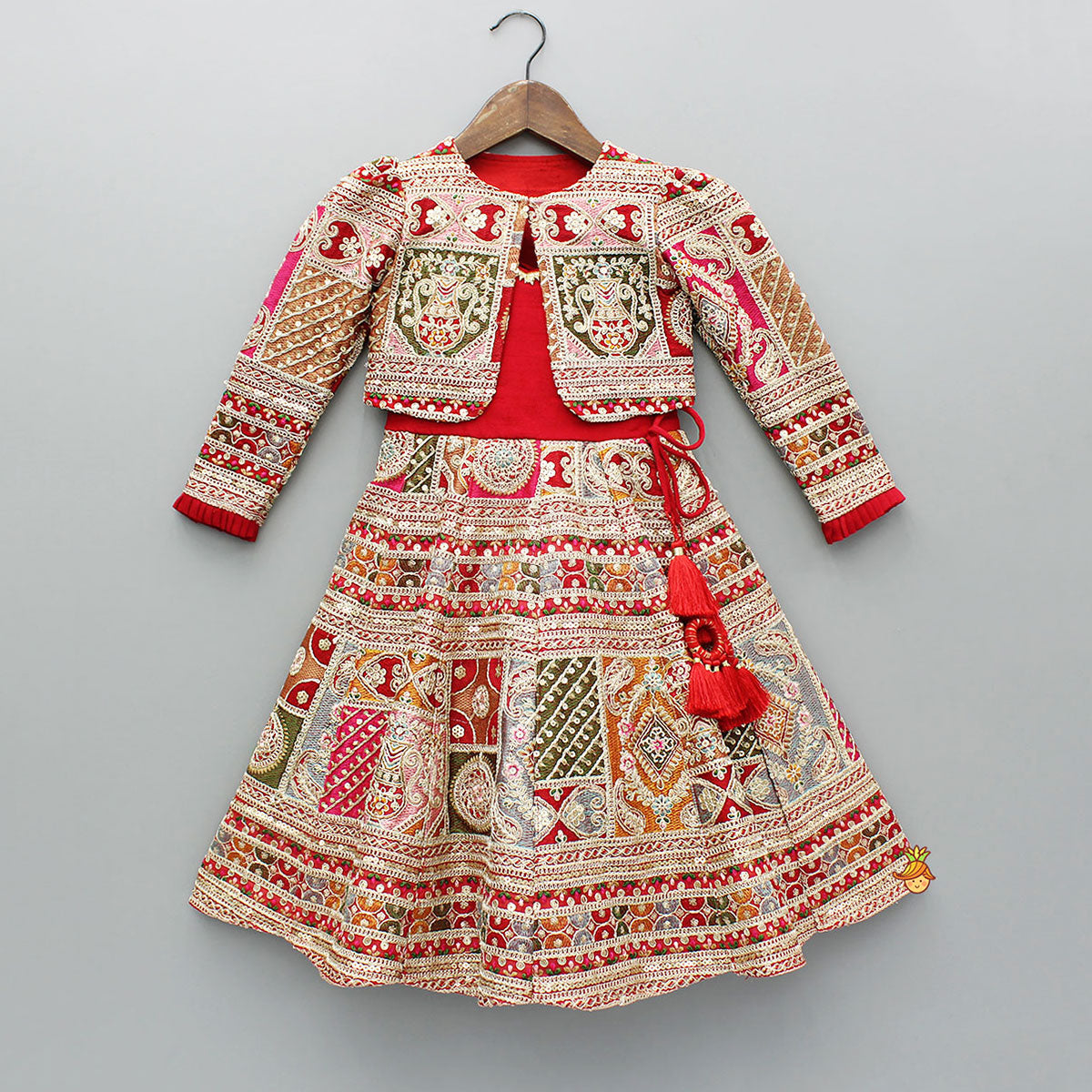 Red Strappy Heavy Embroidered Kurti With Matching Embroidered Jacket