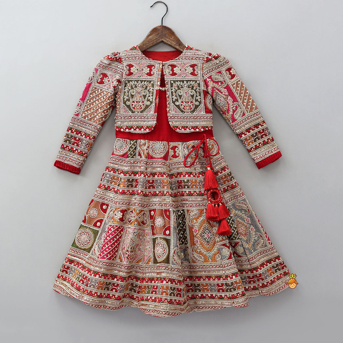 Red Strappy Heavy Embroidered Kurti With Matching Embroidered Jacket