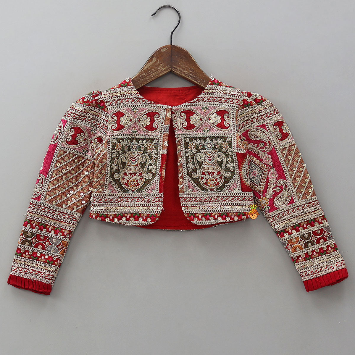 Red Strappy Heavy Embroidered Kurti With Matching Embroidered Jacket