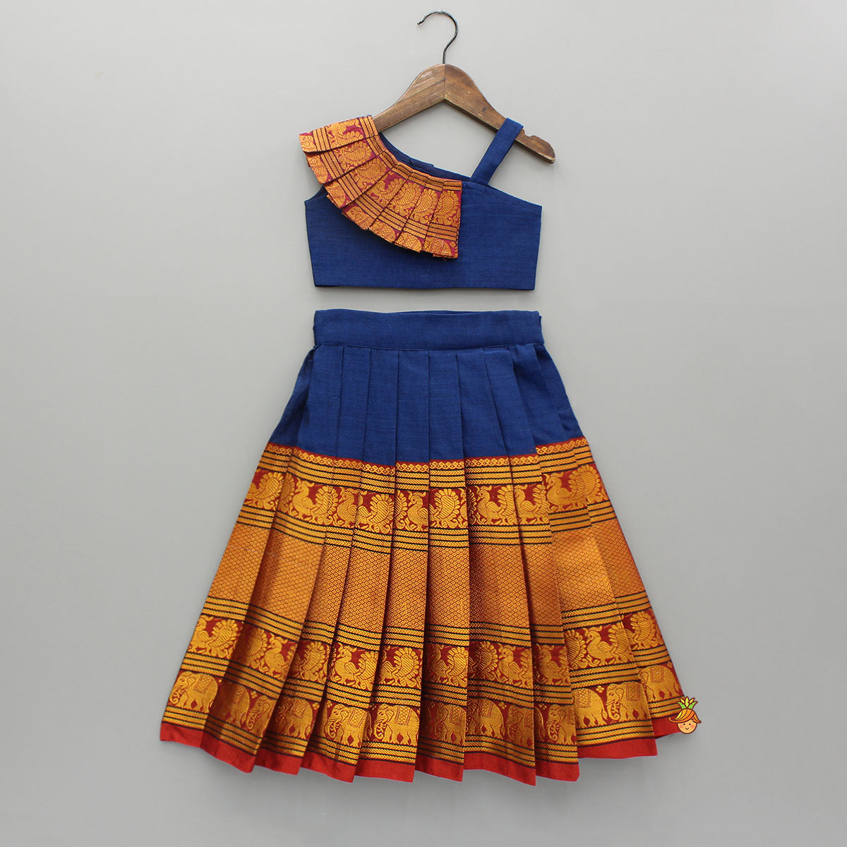 Blue One Shoulder Pleats Detailed Top And Pleated Lehenga