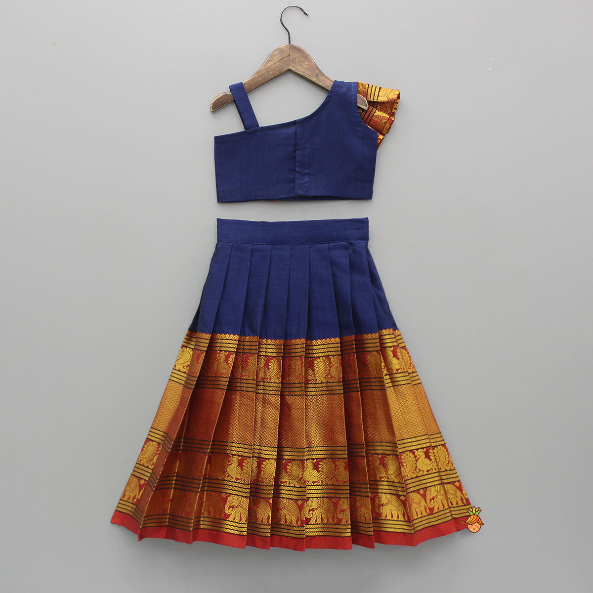 Blue One Shoulder Pleats Detailed Top And Pleated Lehenga