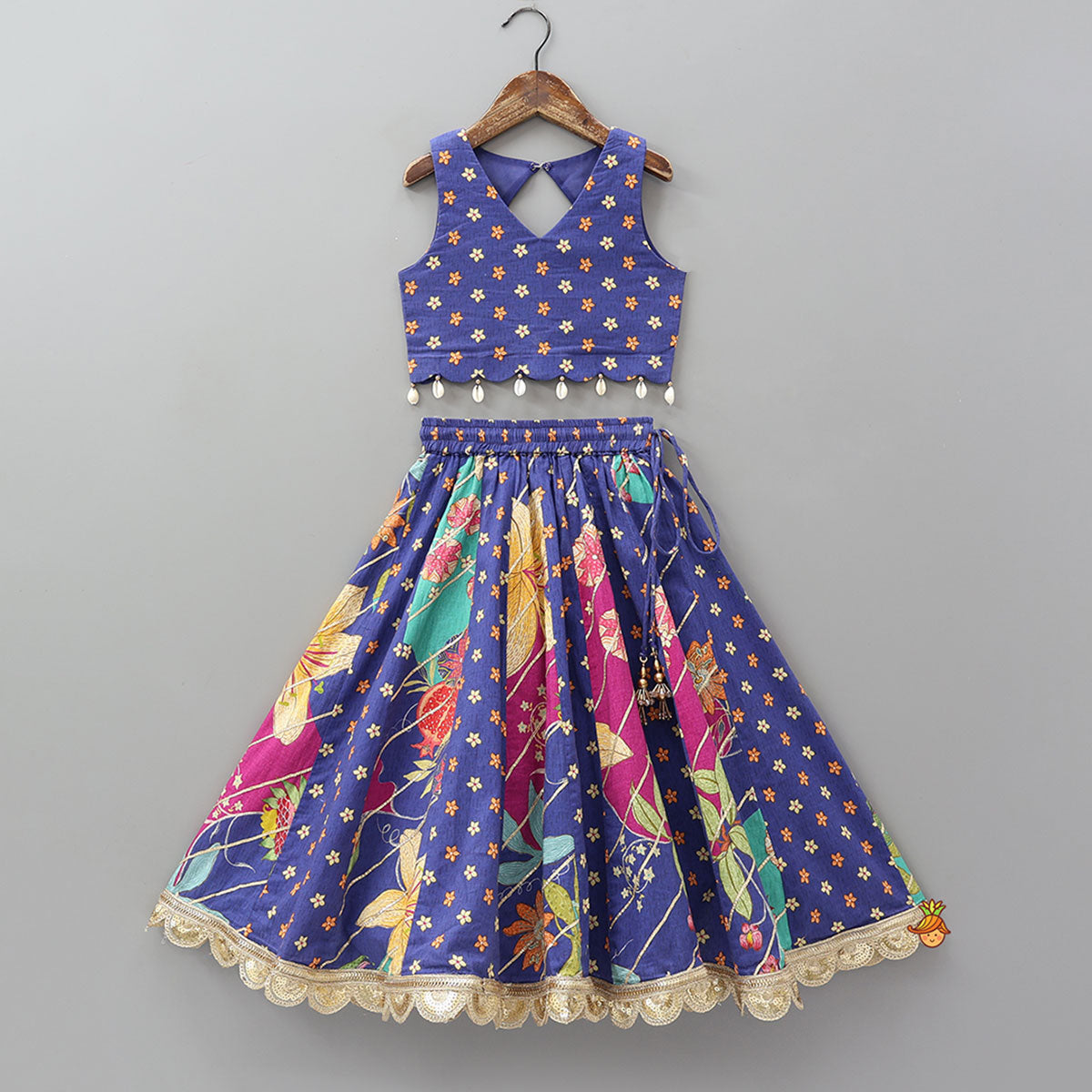 Floral Printed Embellished Top And Gota Lace Work Lehenga