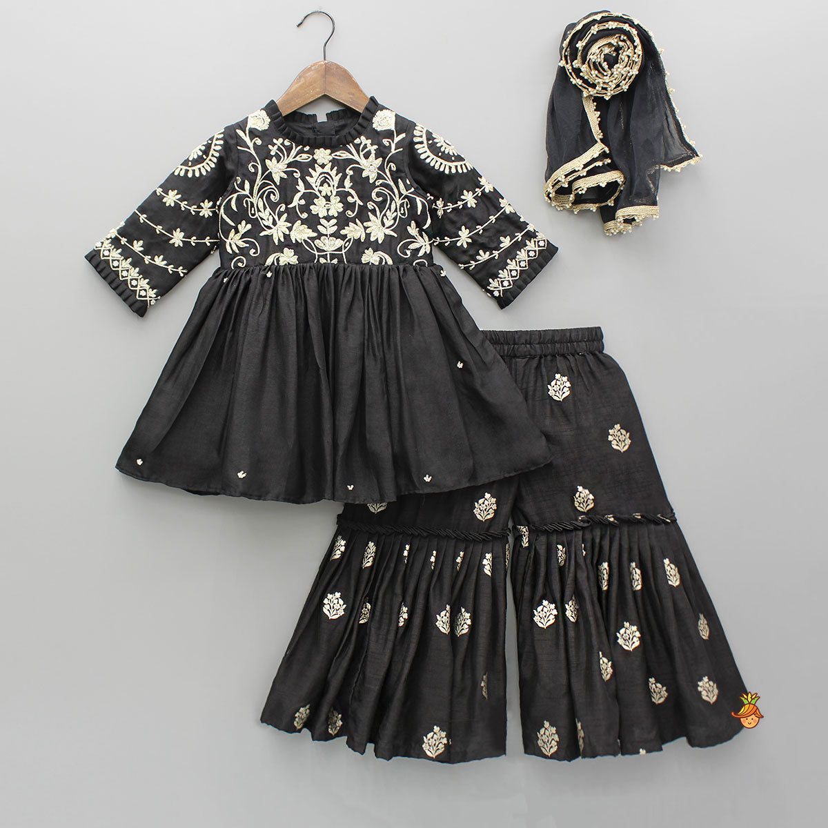 Black Embroidered Pleats Detailed Kurti And Sharara With Dupatta