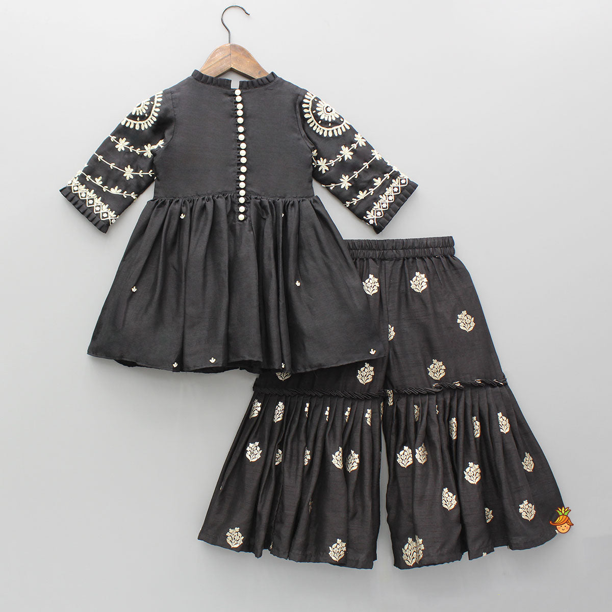 Black Embroidered Pleats Detailed Kurti And Sharara With Dupatta