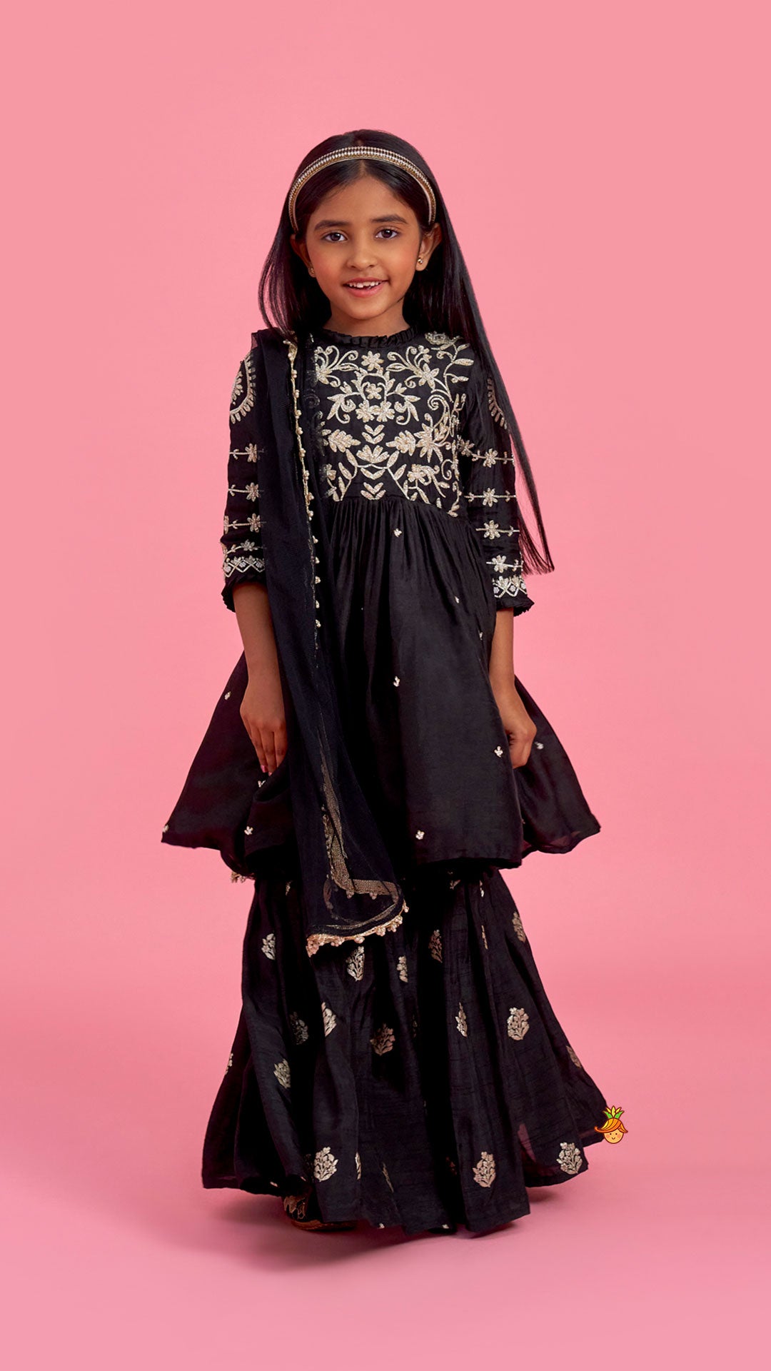Black Embroidered Pleats Detailed Kurti And Sharara With Dupatta