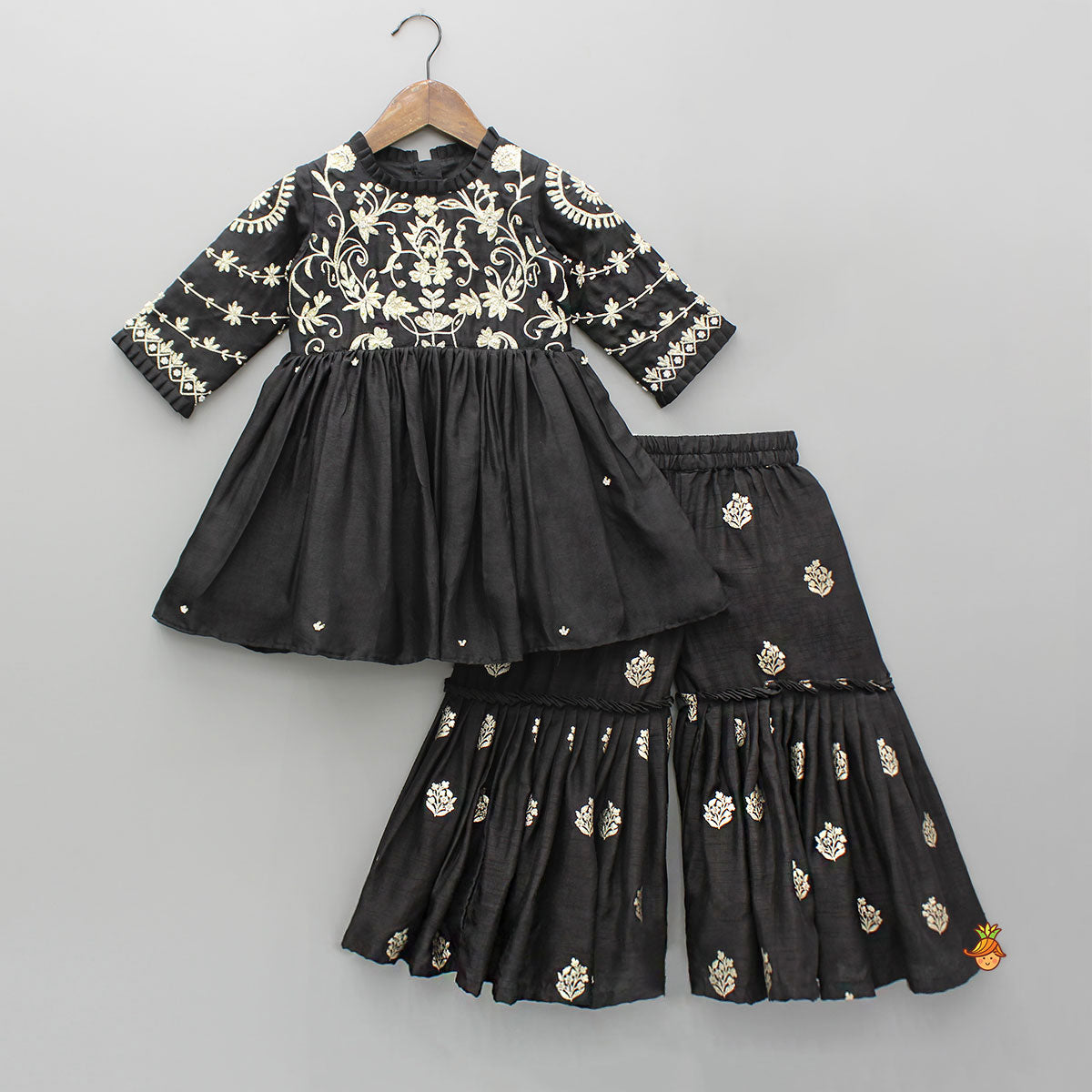 Black Embroidered Pleats Detailed Kurti And Sharara With Dupatta