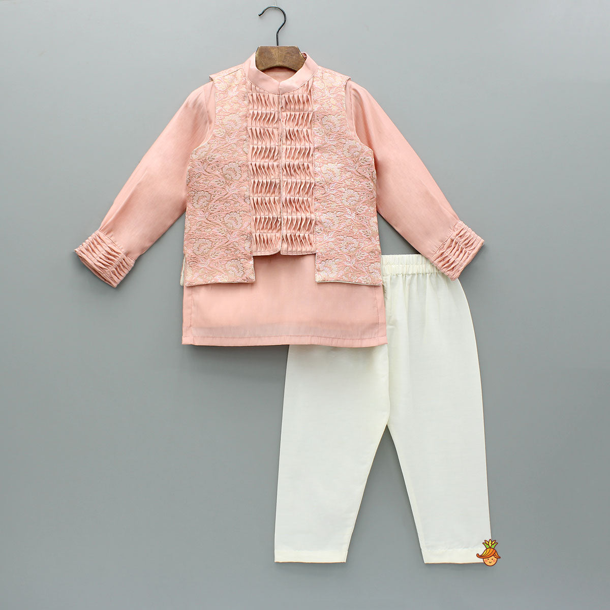 Peach Embroidered Kurta And Pintuck Detailed Jacket With Pyjama