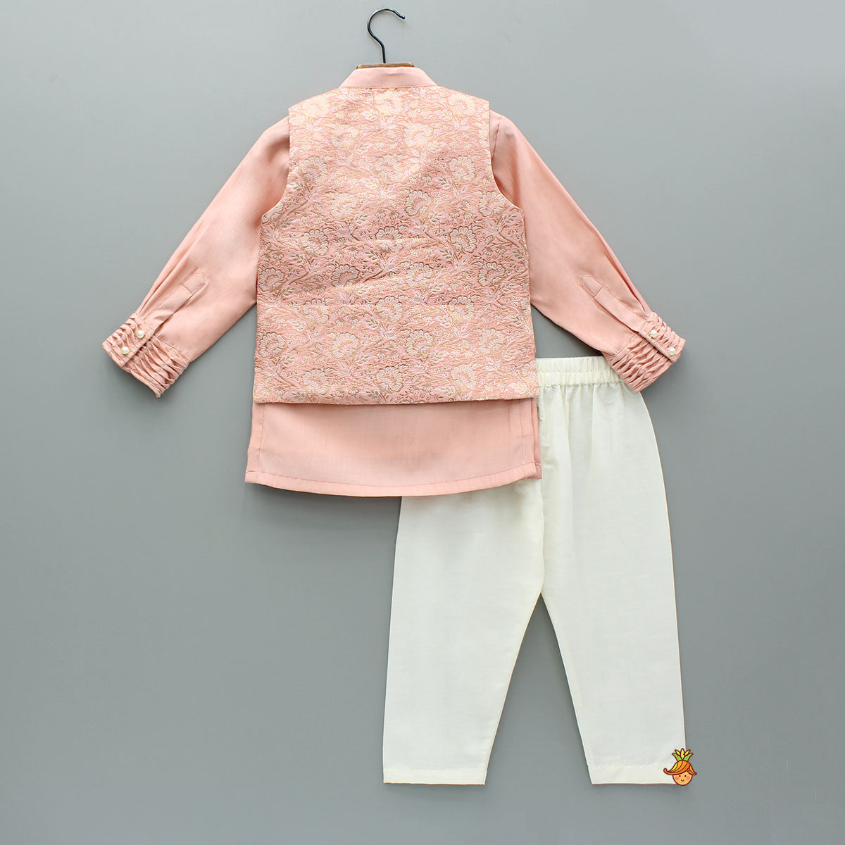 Peach Embroidered Kurta And Pintuck Detailed Jacket With Pyjama