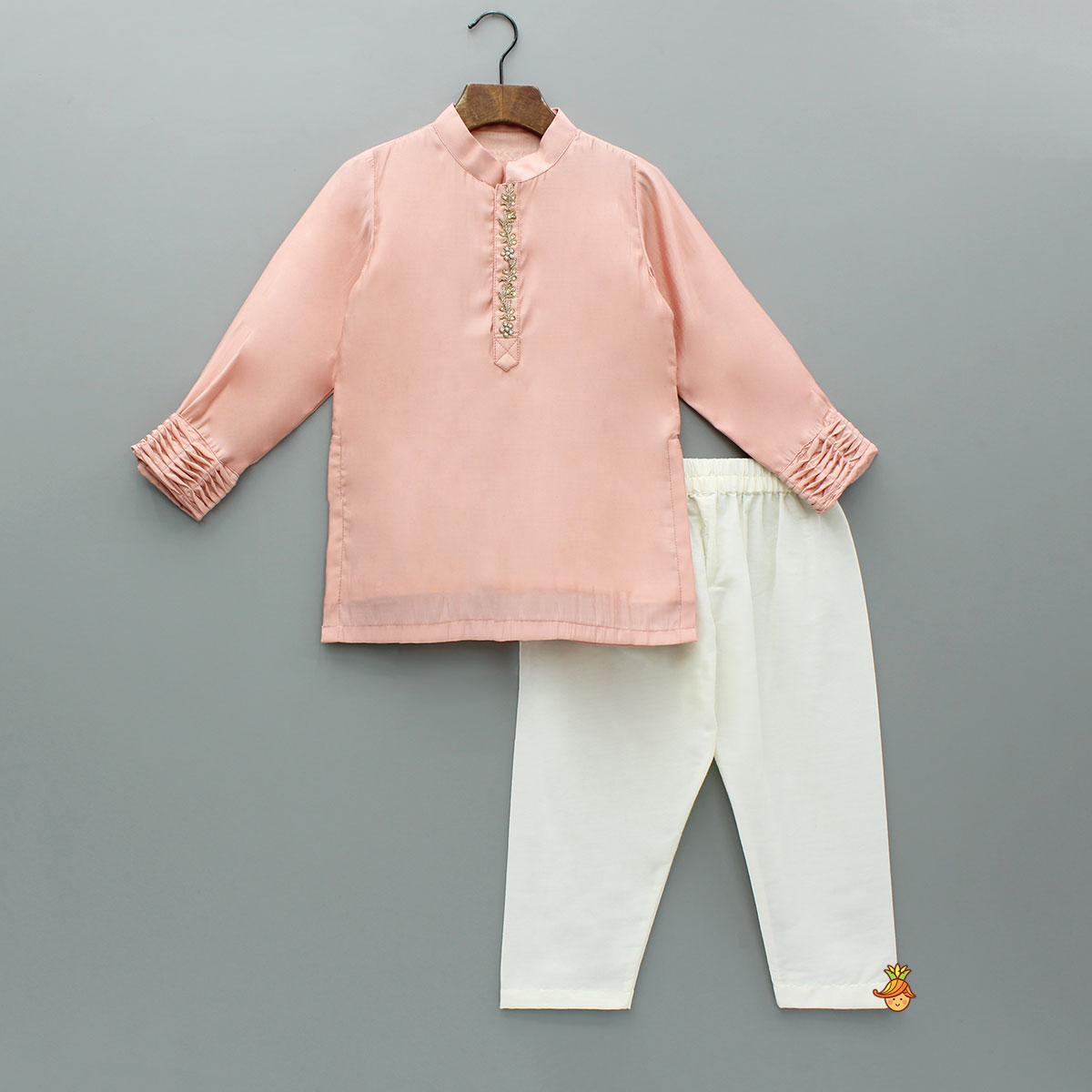 Peach Embroidered Kurta And Pintuck Detailed Jacket With Pyjama