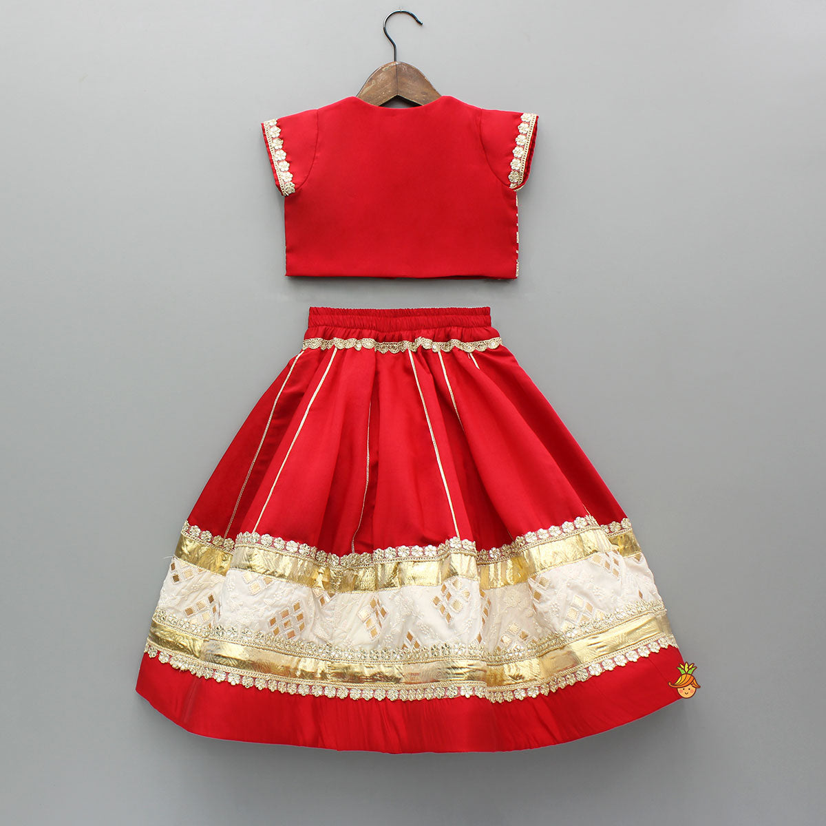 Red Gota Lace Work Embroidered Top And Lehenga With Dupatta