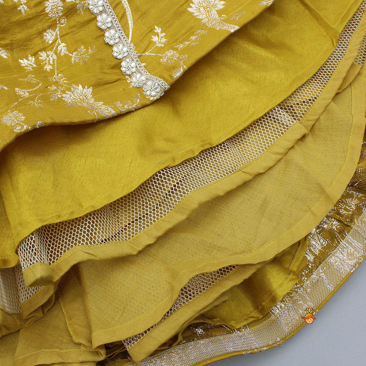 Mustard Chanderi Embroidered Top And Lehenga With Dupatta