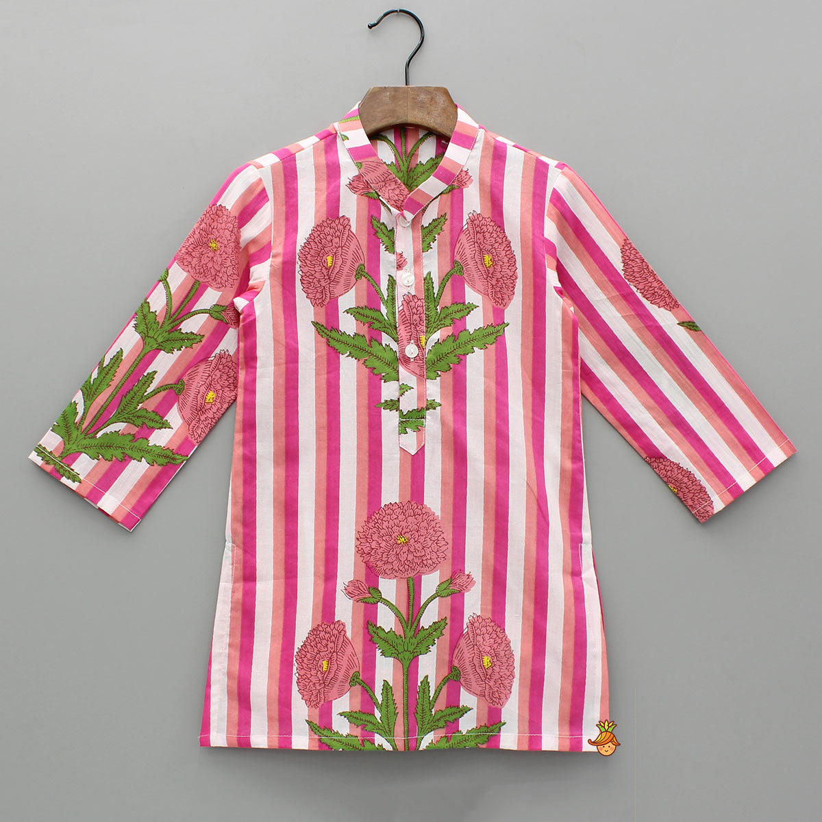 Pink Floral Printed Kurta With Gota Lace Detailed Jacket And Pyjama