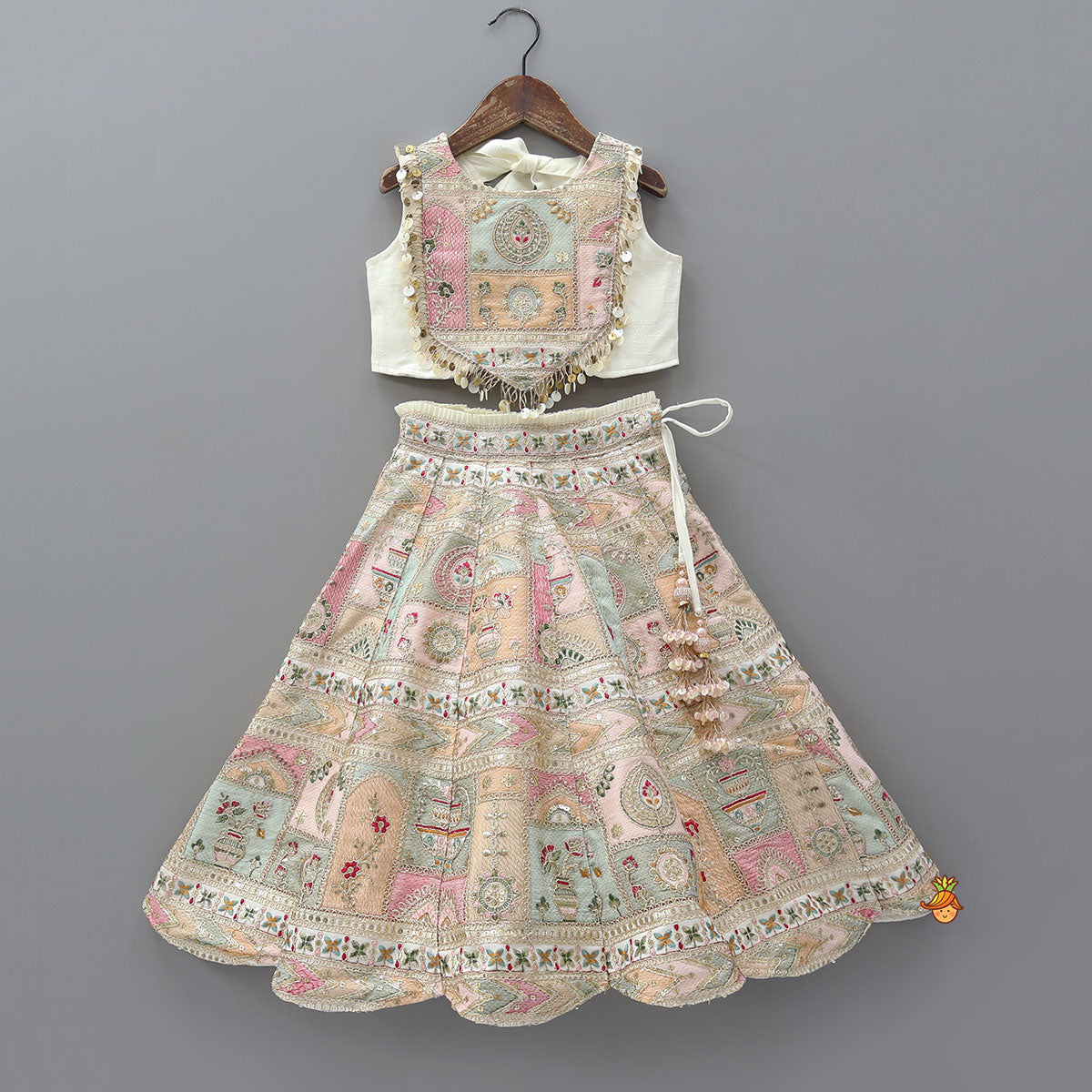 Off White Multicolour Embroidered And Embellished Top With Lehenga