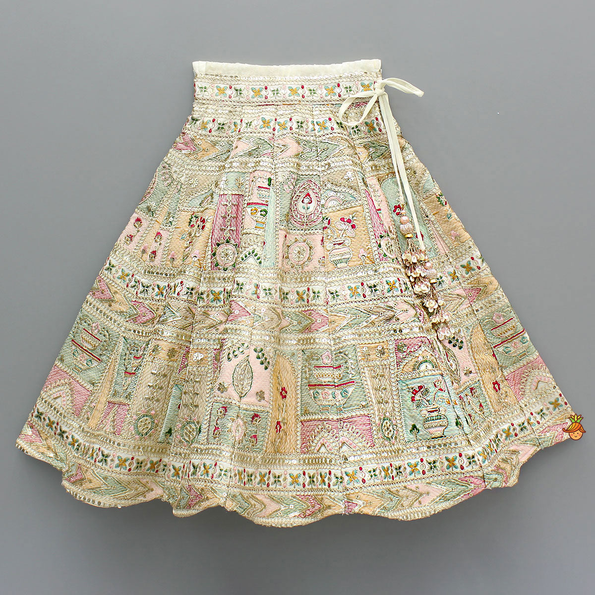 Off White Multicolour Embroidered And Embellished Top With Lehenga