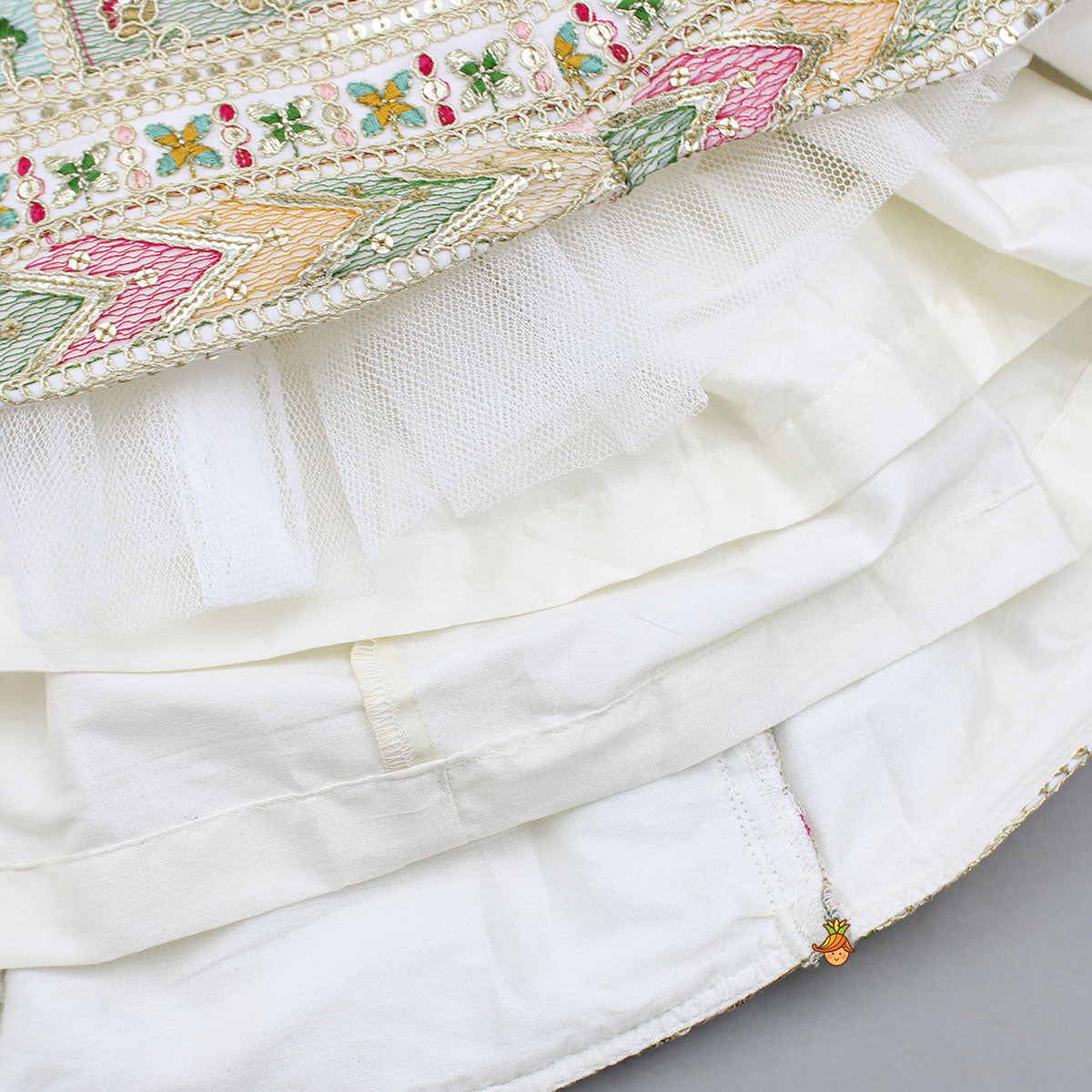 Off White Multicolour Embroidered And Embellished Top With Lehenga