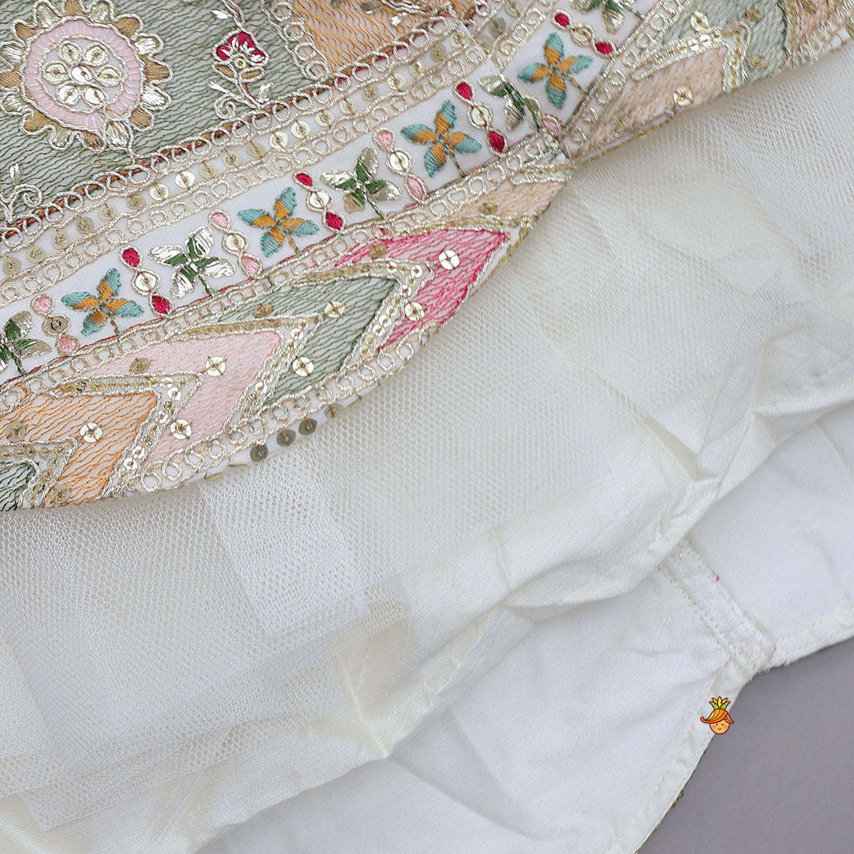 Off White Multicolour Embroidered And Embellished Top With Lehenga