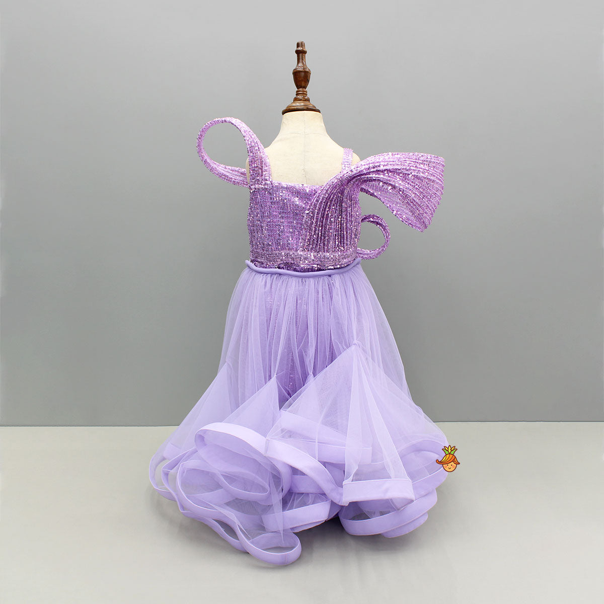 Lavender Sequins Embellished Strappy Dress With Stiff Belt And Detachable Trail