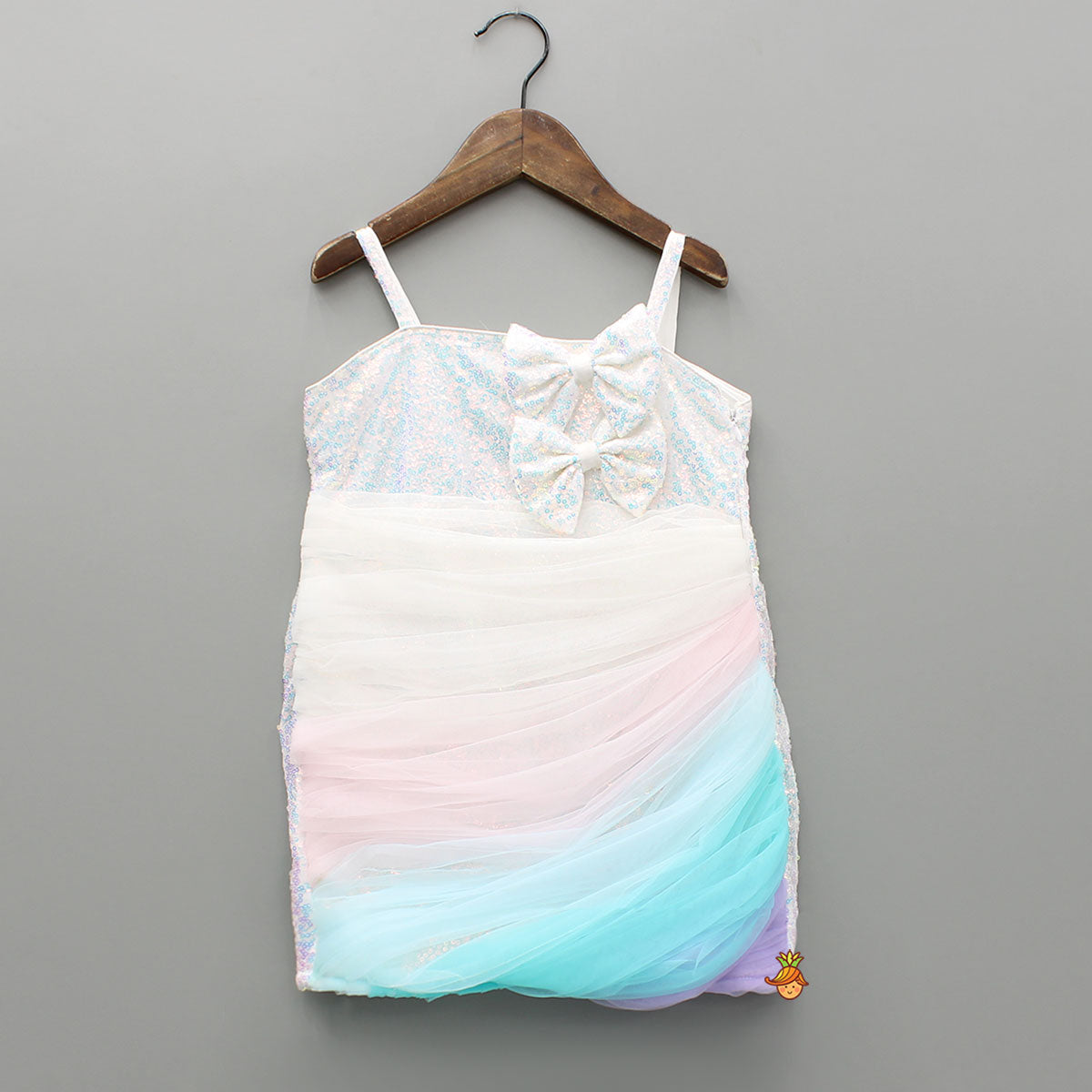 White Sequin Embellished Strappy Dress With Detachable Multicolour Trail