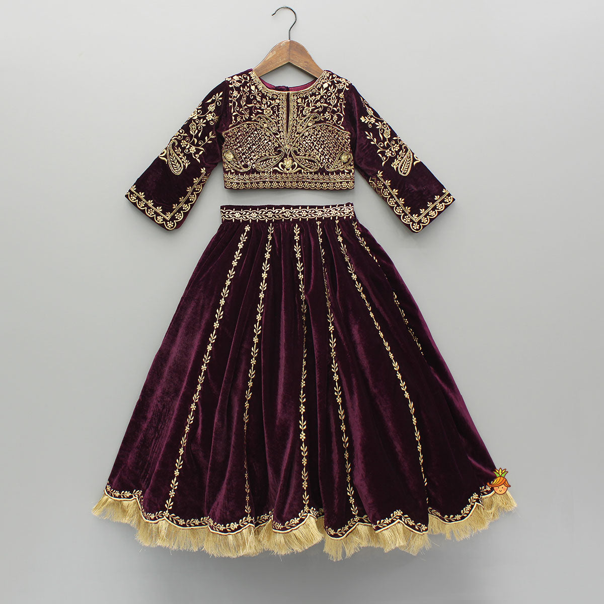 Velvet Embroidered Top And Lehenga With Dupatta