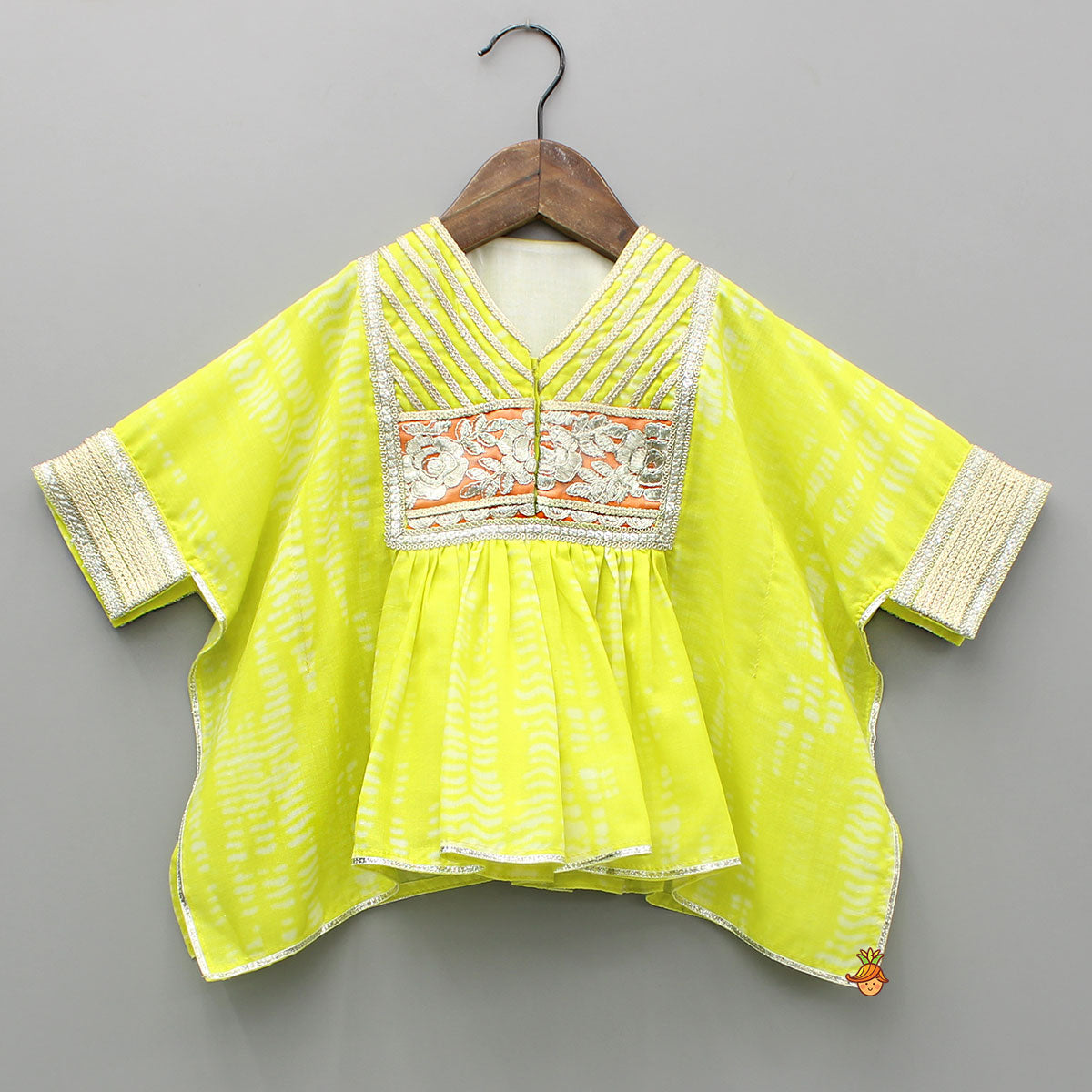 Green Shibori Printed Embellished Kaftan Top And Multicolour Sharara With Dupatta