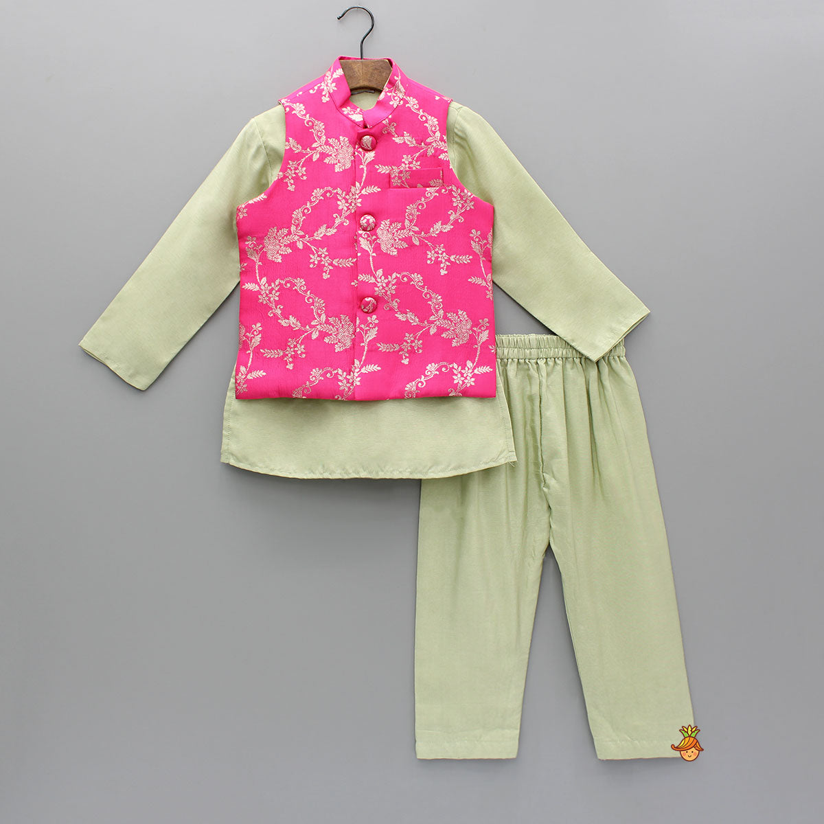 Green Kurta And Pink Embroidered Jacket With Pyjama