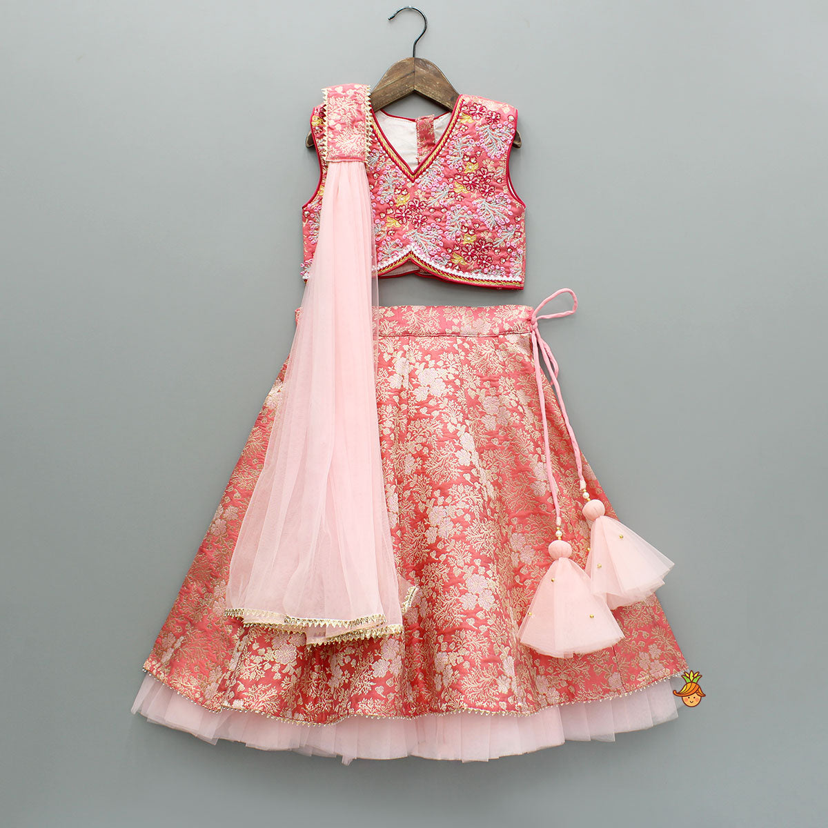 Peach Embroidered Top And Lehenga With Dupatta