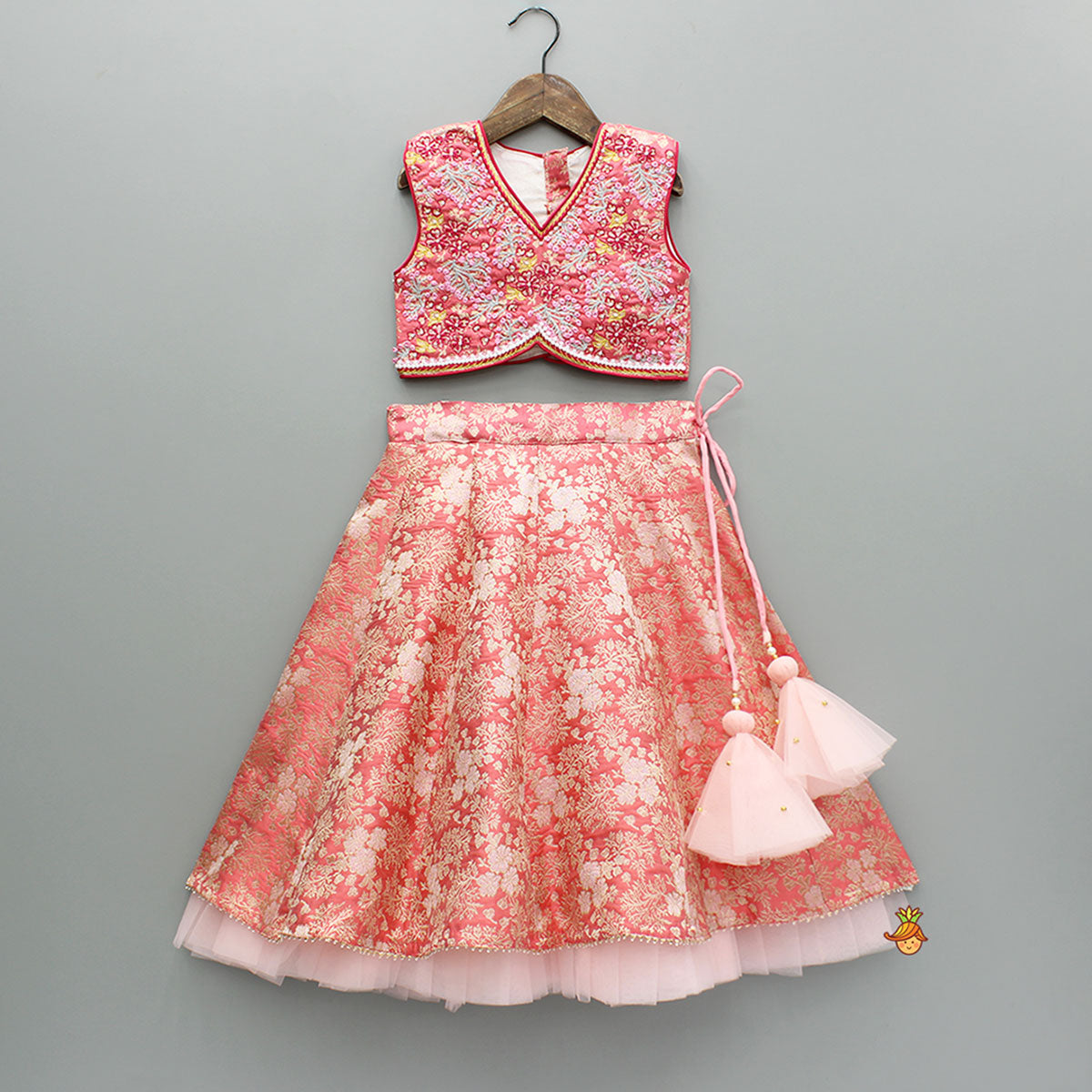 Peach Embroidered Top And Lehenga With Dupatta