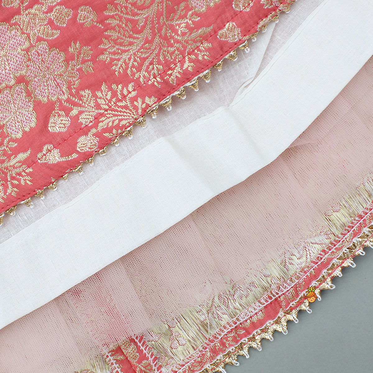 Peach Embroidered Top And Lehenga With Dupatta
