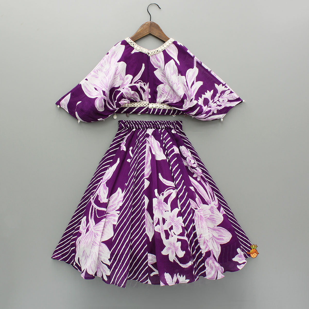 Purple Stylish Printed Embellished Top And Flared Lehenga