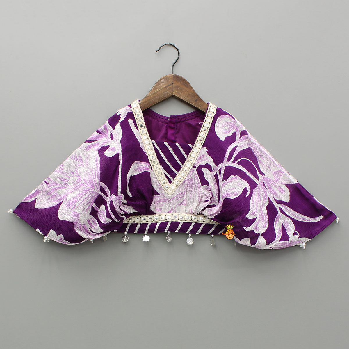 Purple Stylish Printed Embellished Top And Flared Lehenga