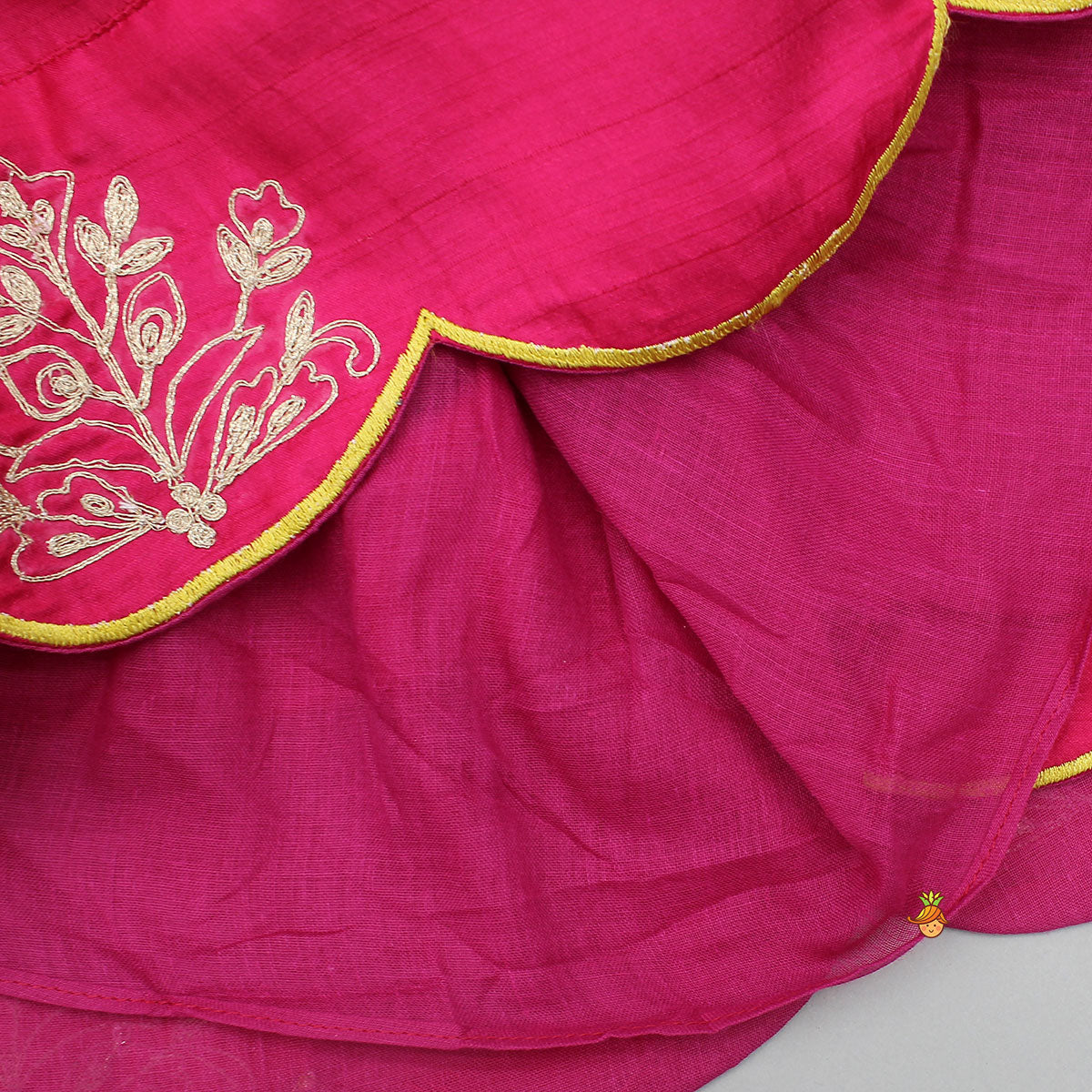 Pink Embroidered Angarkha Style Kurti And Tulip Dhoti