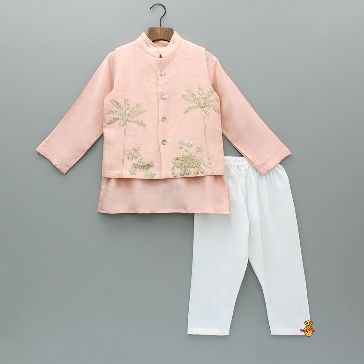 Peach Kurta And Jungle Theme Embroidered Jacket With Pyjama