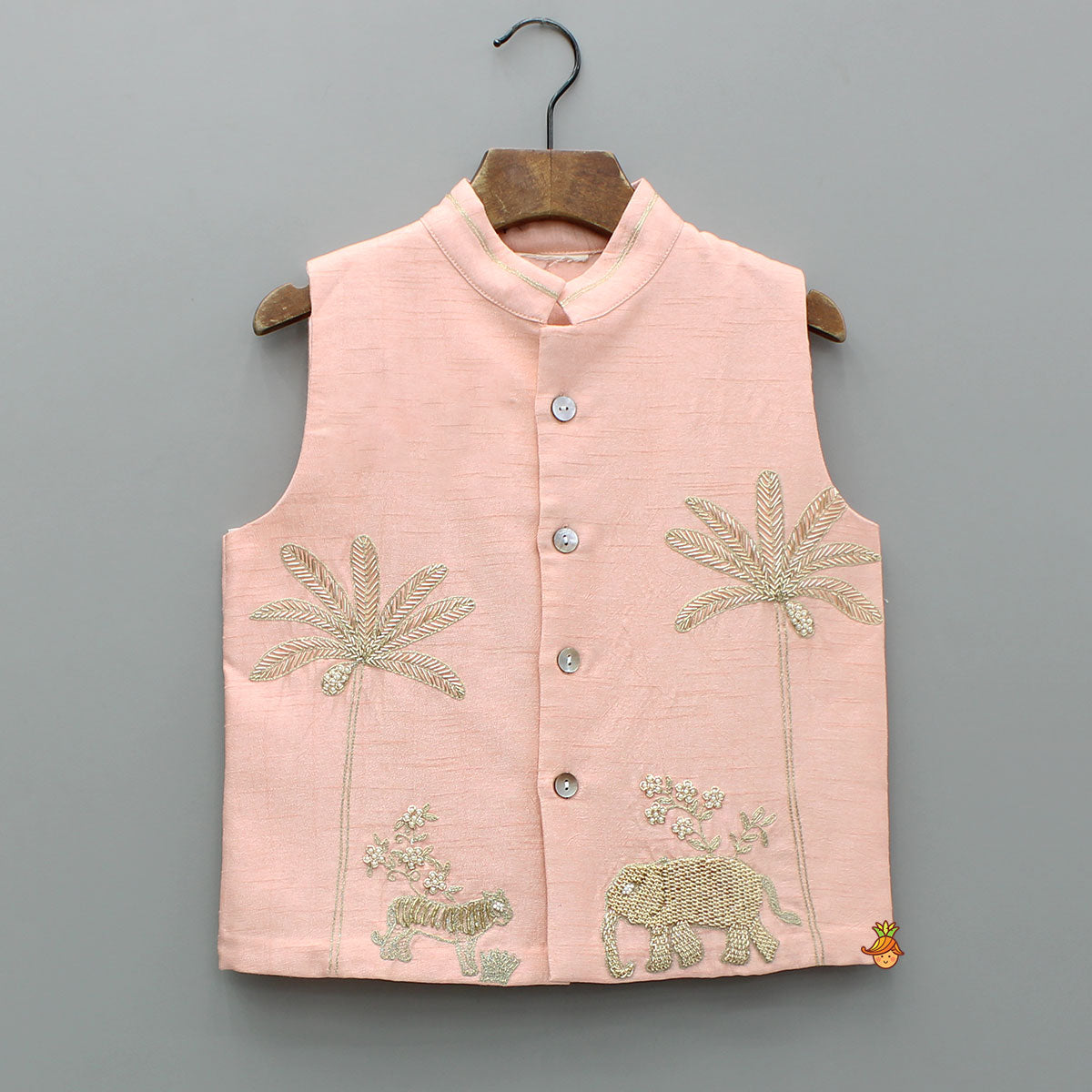 Peach Kurta And Jungle Theme Embroidered Jacket With Pyjama