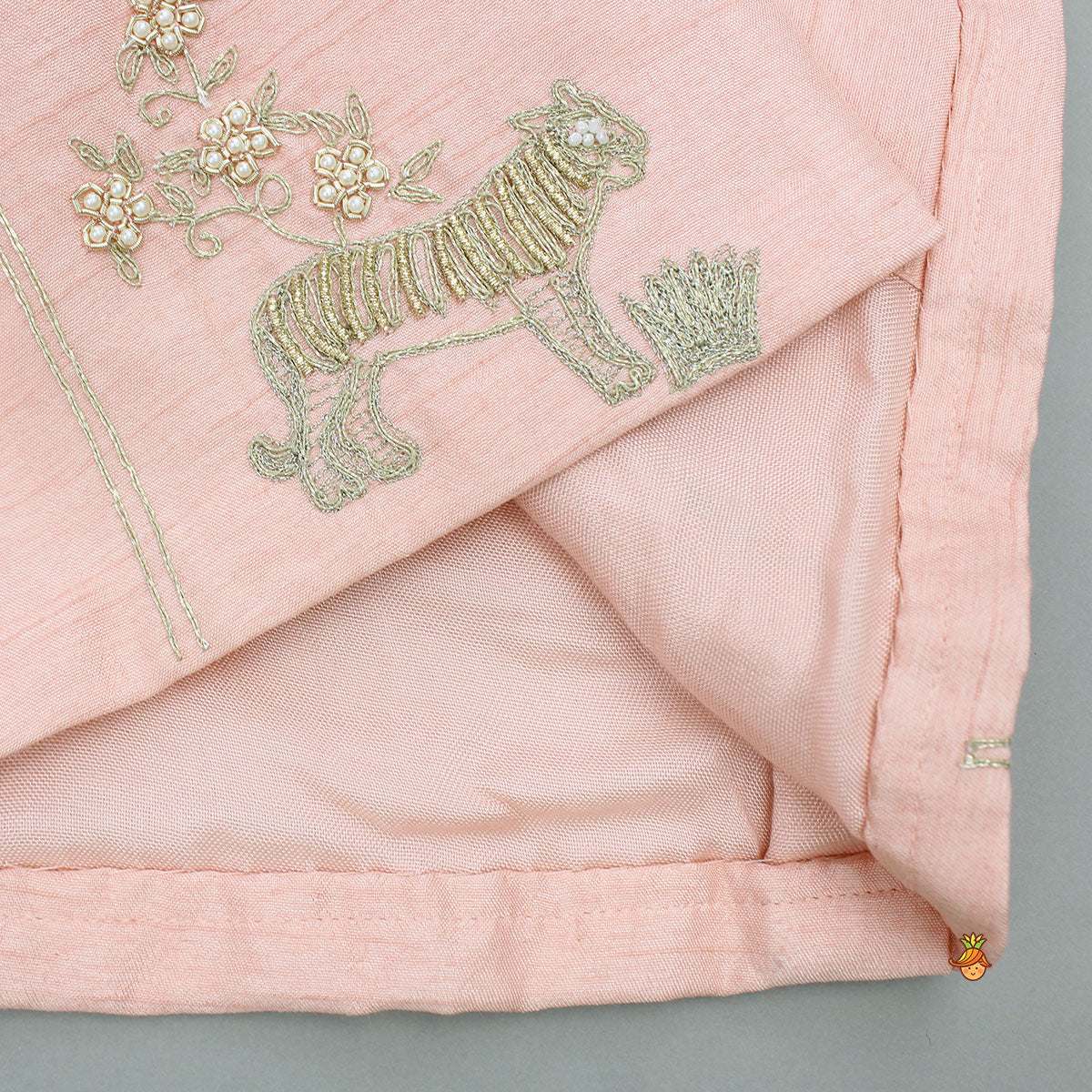 Peach Kurta And Jungle Theme Embroidered Jacket With Pyjama