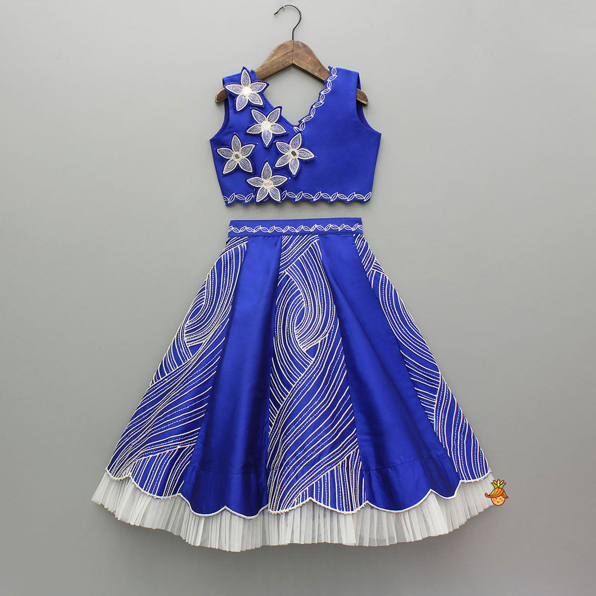 Blue Embroidery And Cut Work Flowers Embellished Top And Lehenga