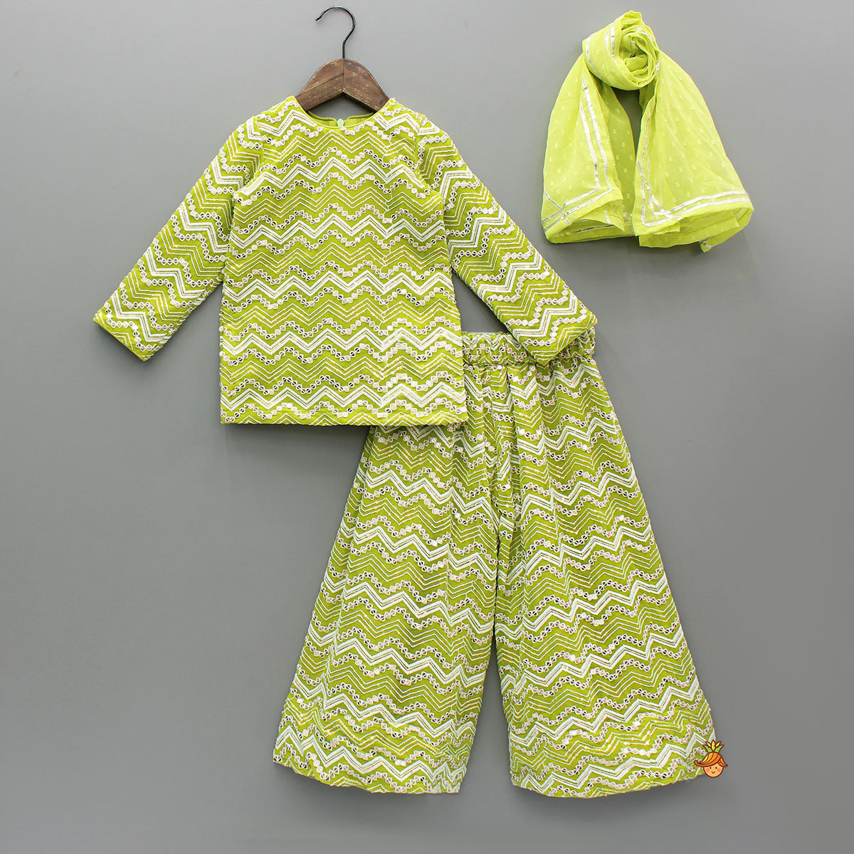 Heavily Sequined And Thread-Embroidered Green Kurti With Palazzo And Dupatta