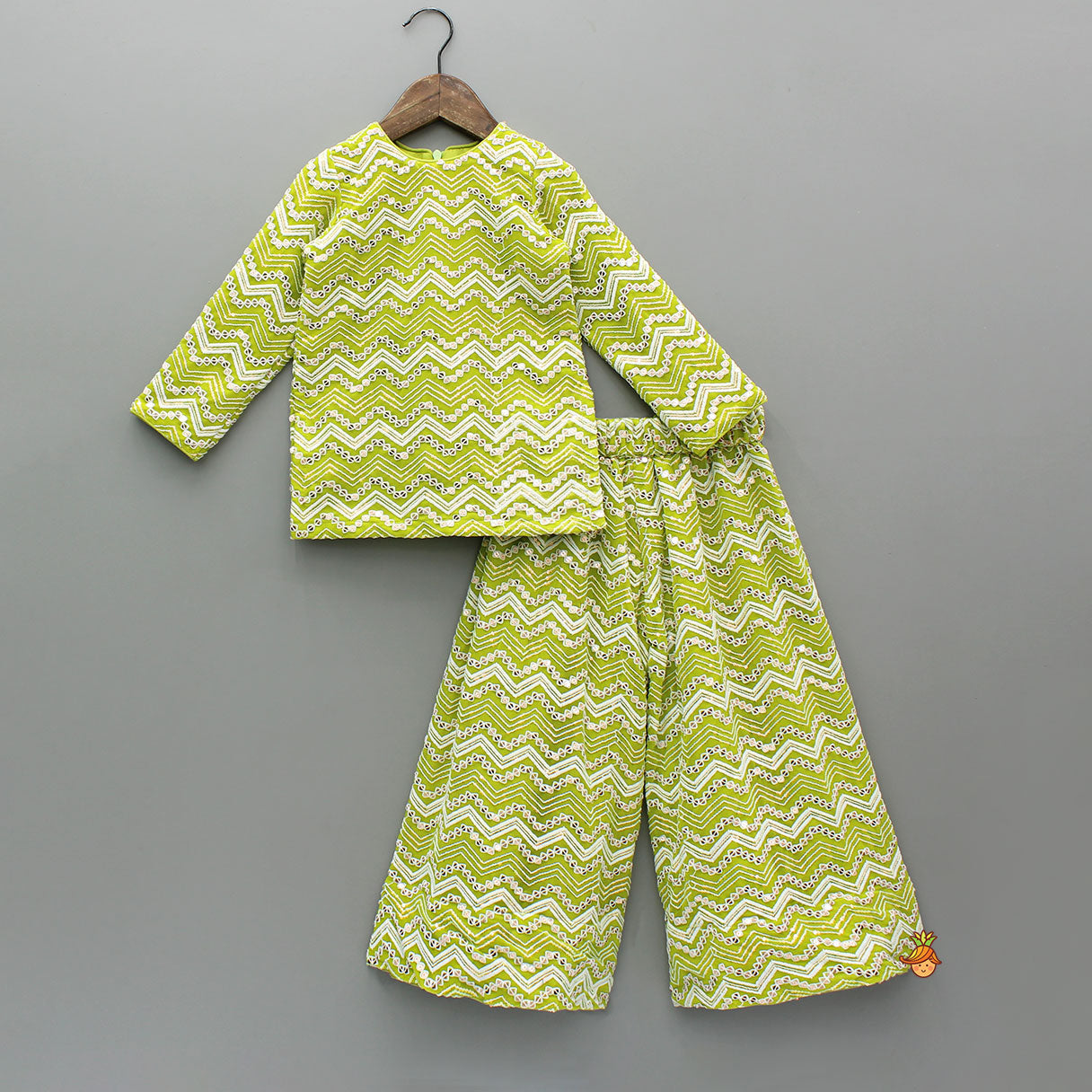 Heavily Sequined And Thread-Embroidered Green Kurti With Palazzo And Dupatta