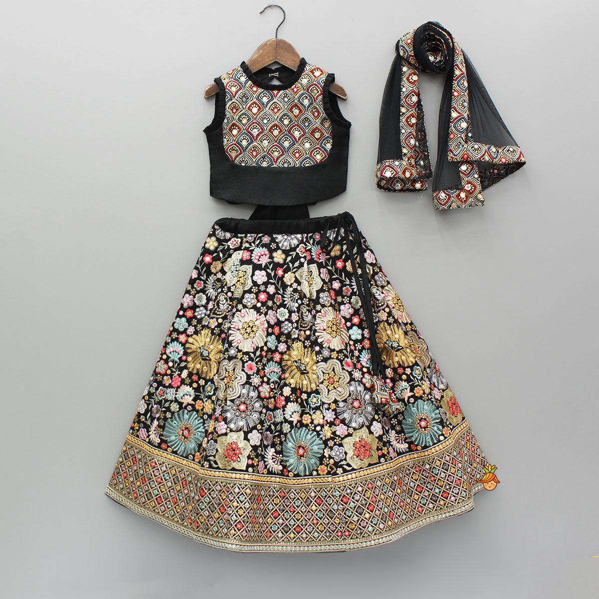 Black Multicolour Embroidered Top And Lehenga With Dupatta