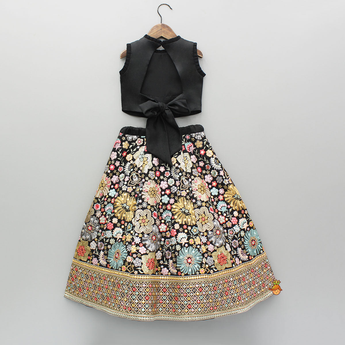 Black Multicolour Embroidered Top And Lehenga With Dupatta