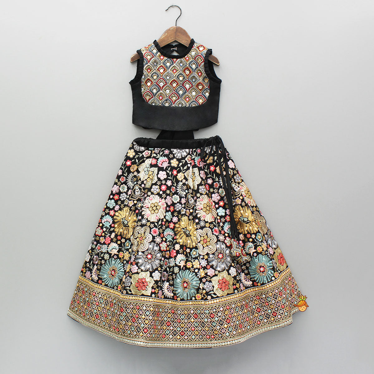 Black Multicolour Embroidered Top And Lehenga With Dupatta