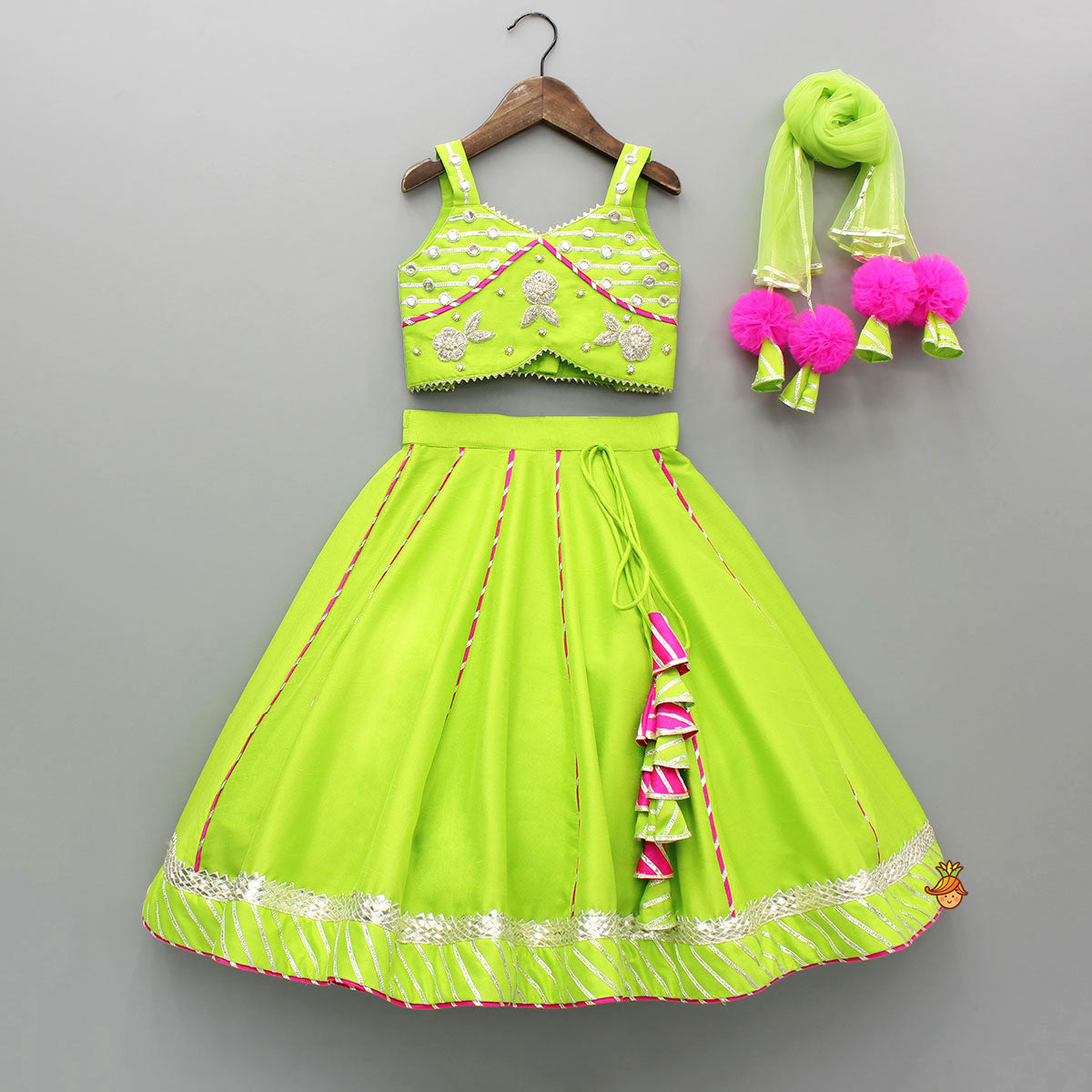 Green Embroidered Strappy Top And Lehenga With Dupatta