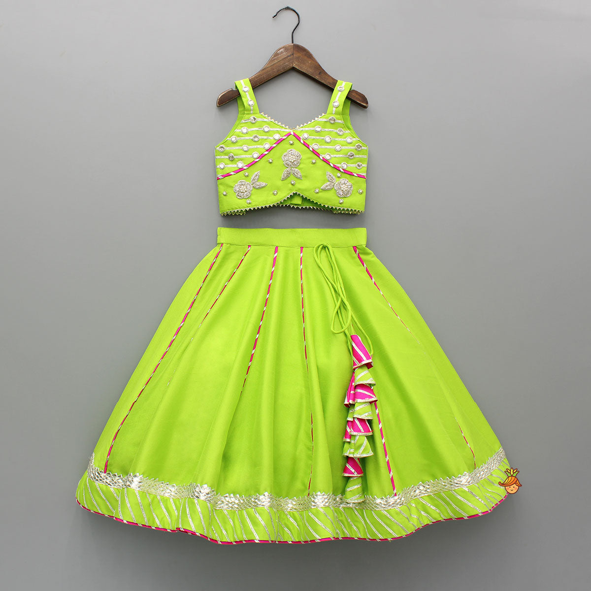 Green Embroidered Strappy Top And Lehenga With Dupatta