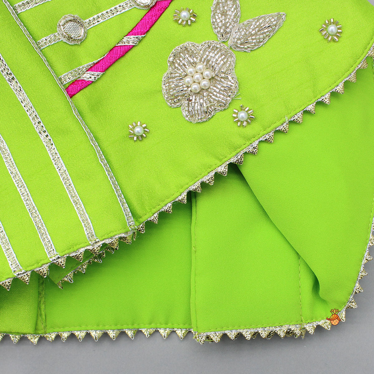 Green Embroidered Strappy Top And Lehenga With Dupatta