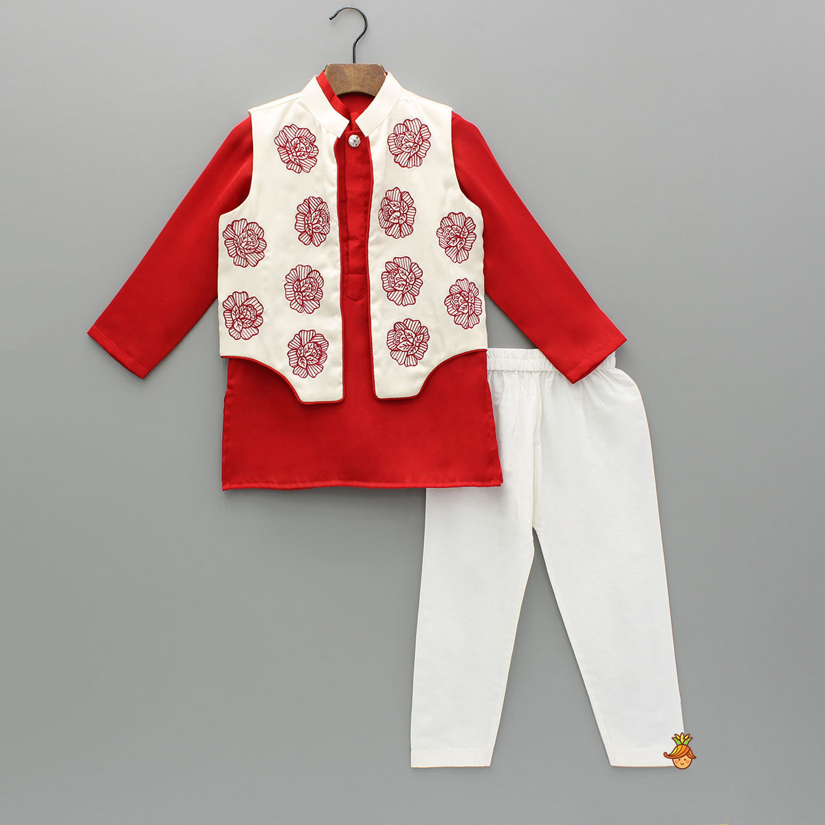 Red Kurta With Embroidered Front Open Jacket And Pyjama