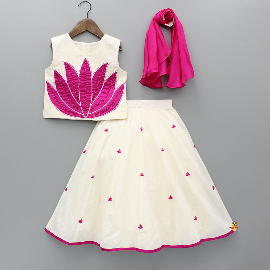 Pink Lotus Applique Embroidered Off White Top And Lehenga With Dupatta