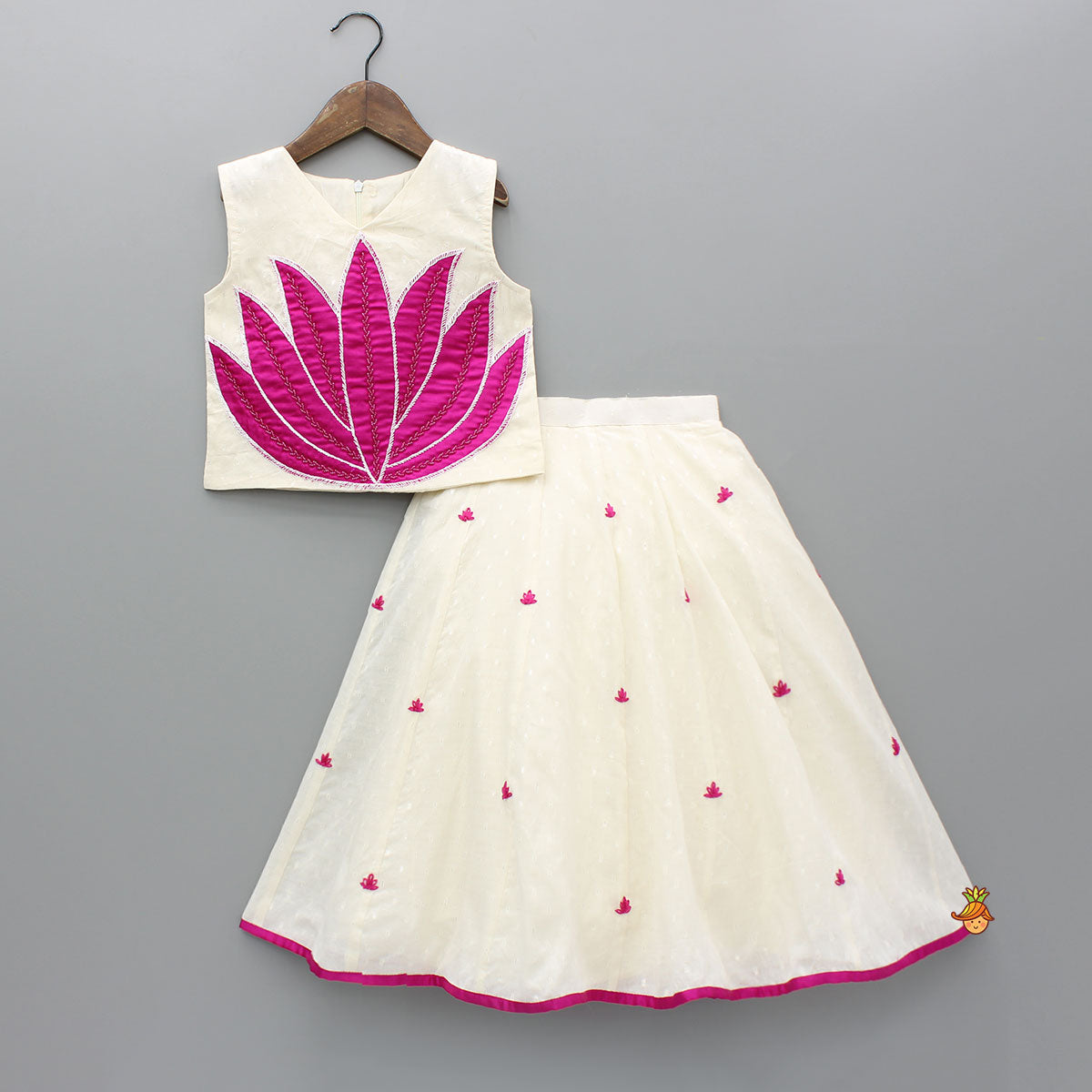 Pink Lotus Applique Embroidered Off White Top And Lehenga With Dupatta