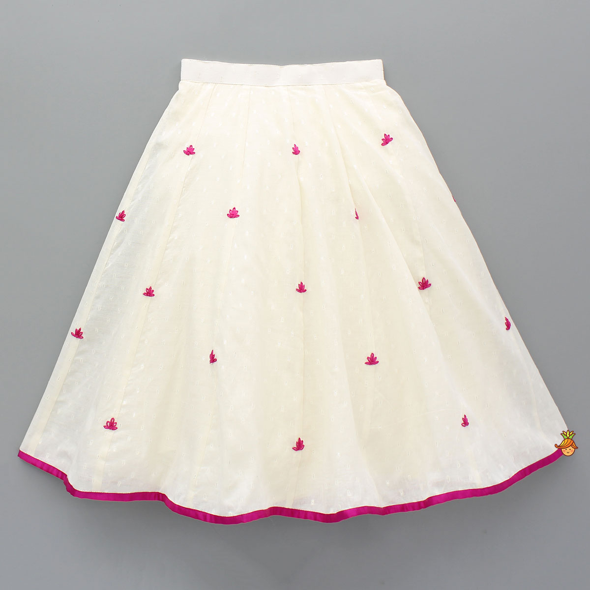 Pink Lotus Applique Embroidered Off White Top And Lehenga With Dupatta