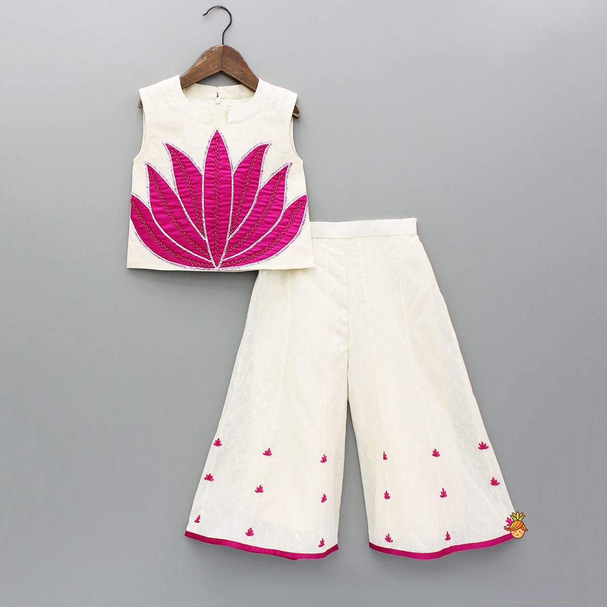 Off White Top With Pink Lotus Applique Embroidery And Palazzo