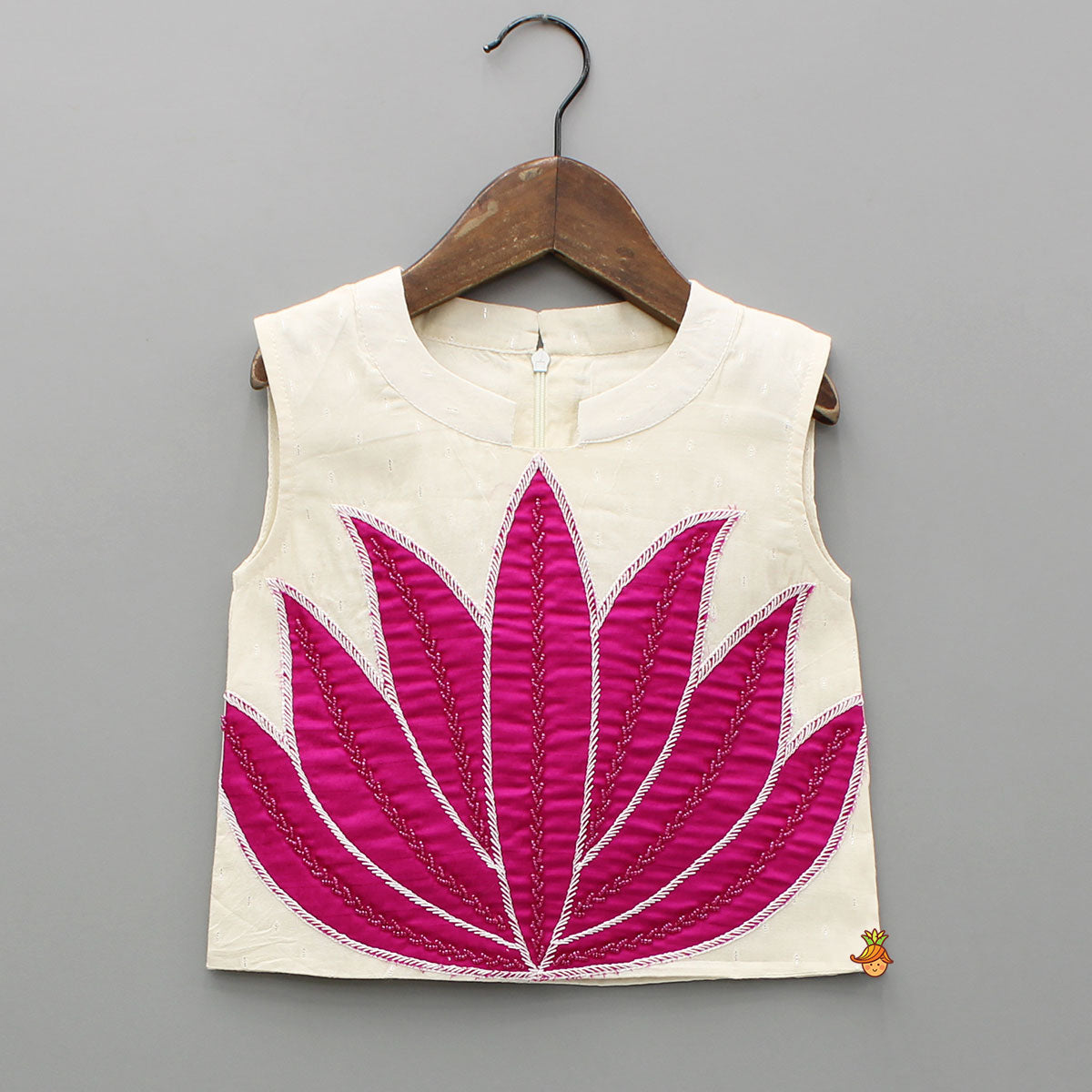 Off White Top With Pink Lotus Applique Embroidery And Palazzo